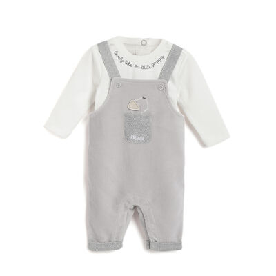 Boys Light Grey Applique Bodysuit with Dungaree